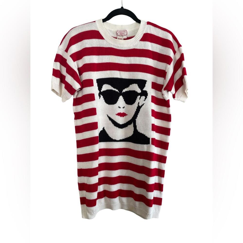 Vintage Pronto Moda Red & White Striped Short Sleeve Long Sweater/Mini Dress Sm
